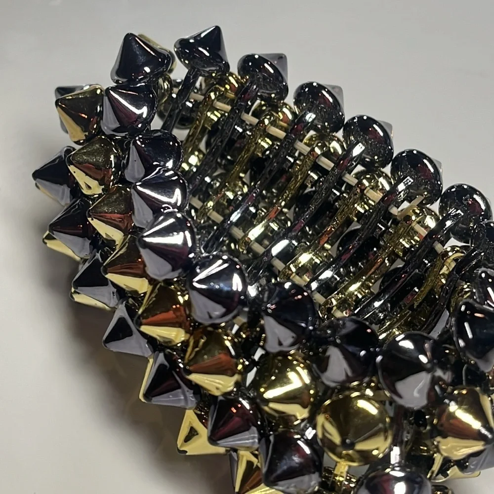 GOLD & DARK GRAY SILVER SPIKY COSTUME STRETCHY BRACELET